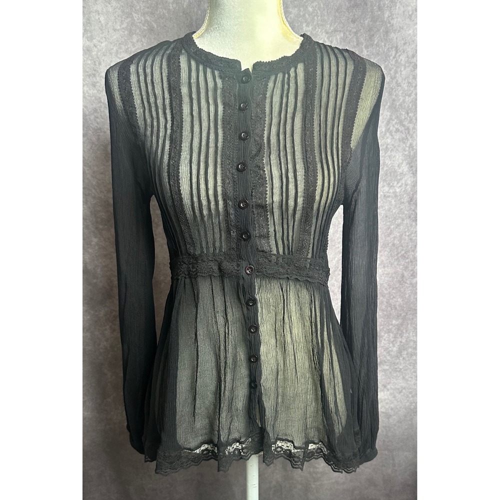 Y2K Hannah Jo Black Sheer Lace Silk Blouse Romantic Whimsigoth Babydoll Top XS/S